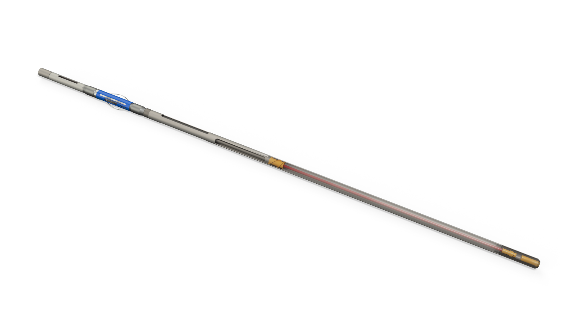 Cutaway render of a Vannevar downhole separator showing the internal fluid flow path
