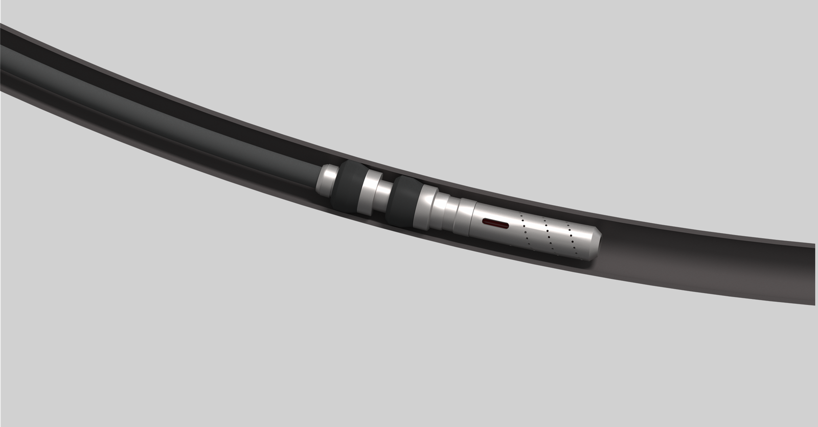 Detail render of the Gadget packer assembly through the wellbore curve