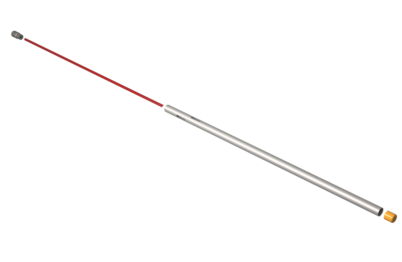 Exploded component view of a downhole separator, showing the top connection, dip tube, outer housing, and bull plug as separate parts
