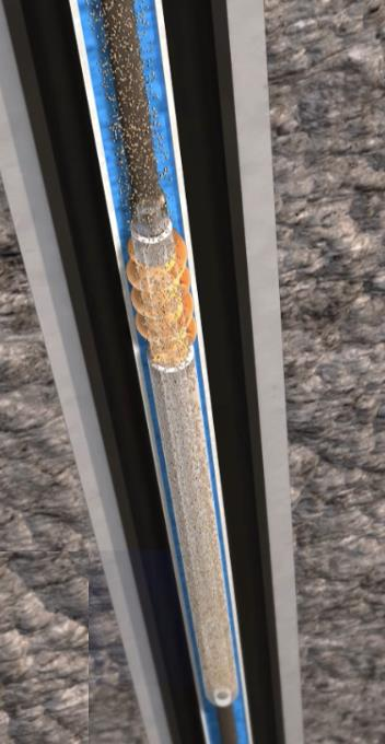 Detail of solids falling onto the upper diversion tool and into the hollow rod