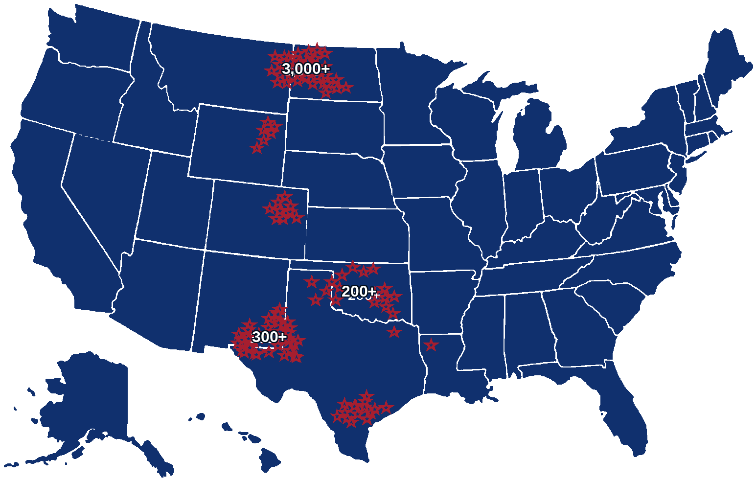 Map of the United States showing Vannevar system installations concentrated in the Bakken, Permian Basin, Midcontinent, DJ Basin, Eagle Ford, and Powder River Basin